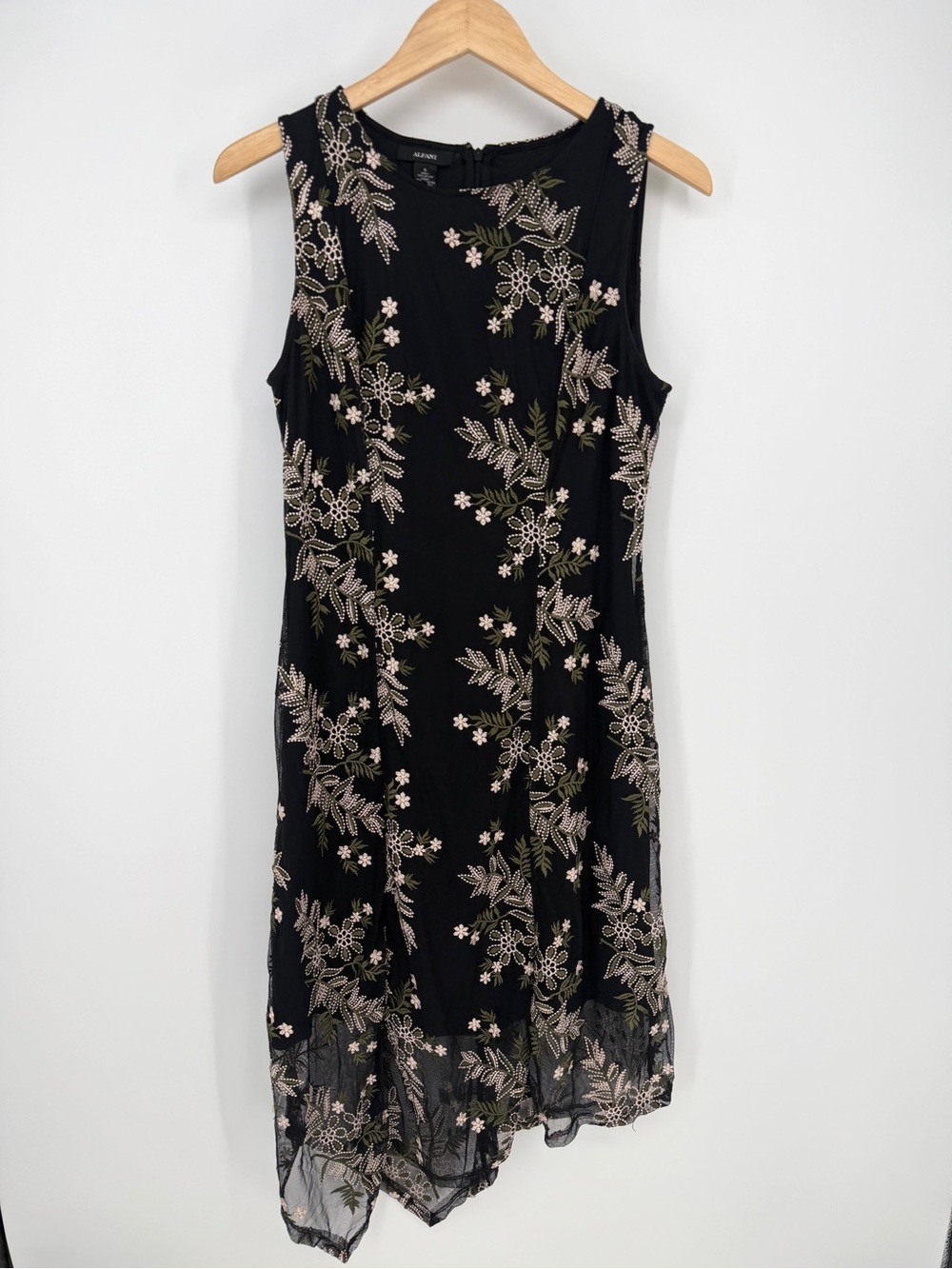 Alfani Black Floral Embroidered Mesh Midi Dress S Asymmetrical Whimsigoth Y2K 6
